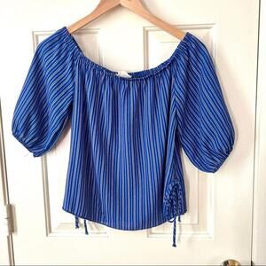 Olive Tree | Blue & White Striped Balloon Sleeve Blouse | Size Medium | 0616